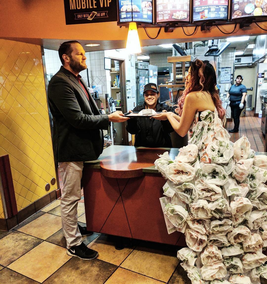 Seriously! Someone created a wedding dress out of burrito wrappings. 